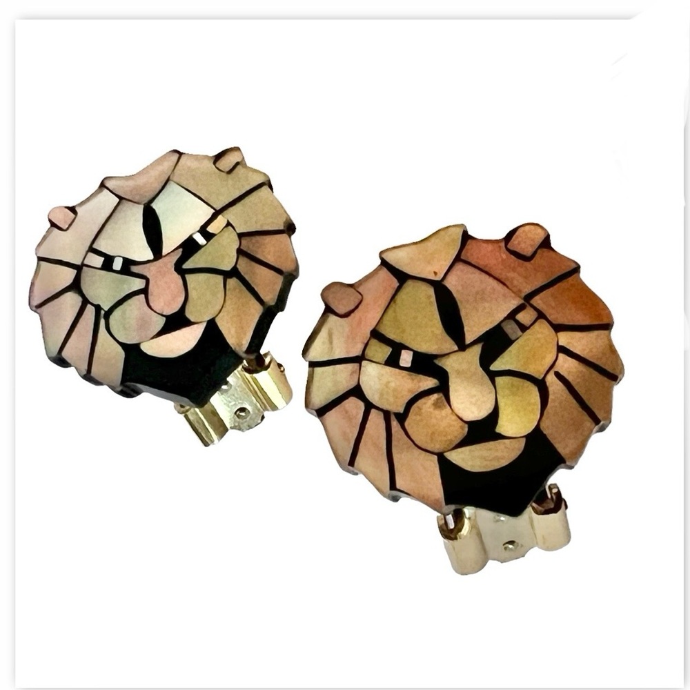 Abalone Earrings Shell Inlay Clip Lion Lioness Animal Safari Simba Mufasa Aslan